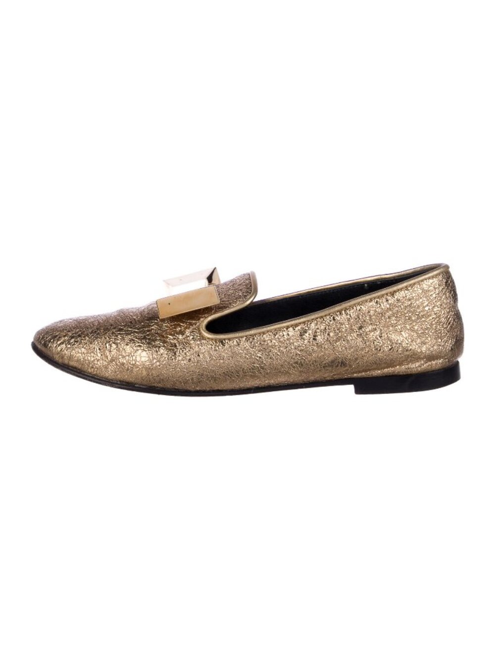 Giuseppe Zanotti Dalila Gold Crackled Leather Metal Bow Loafers Flats Size 6.5